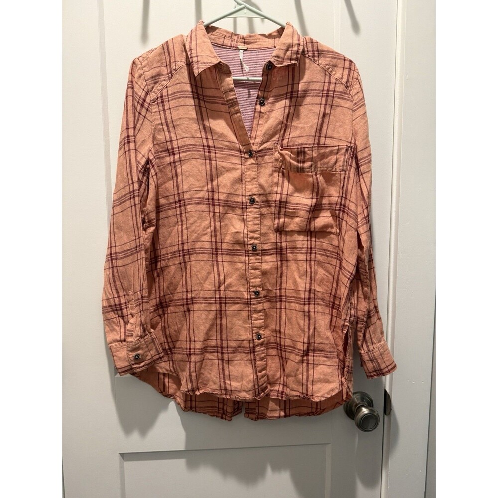 Women’s Free People No Limits Plaid Linen Shirt Button Down Peach Long Sleeve XS